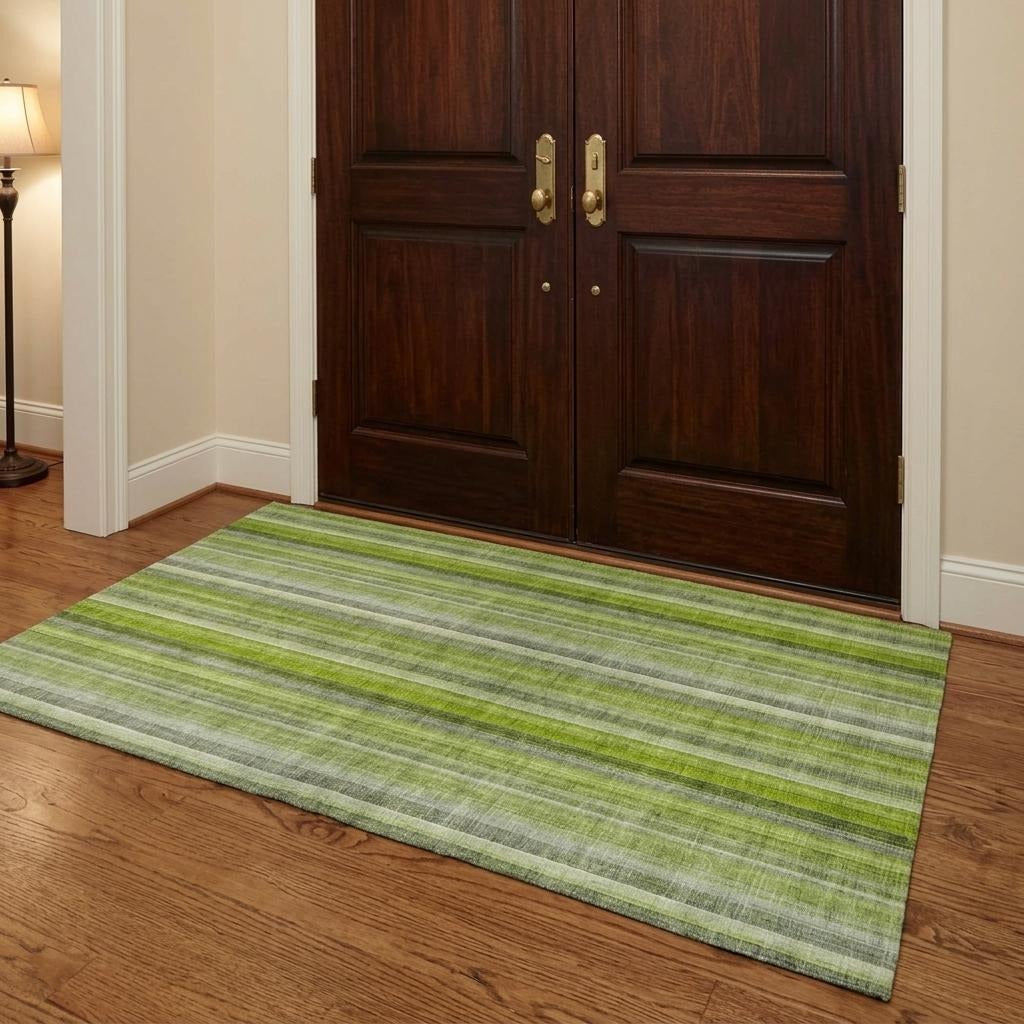 3' X 5' Green And Gray Striped Shag Washable Area Rug With UV Protection - Home & Garden