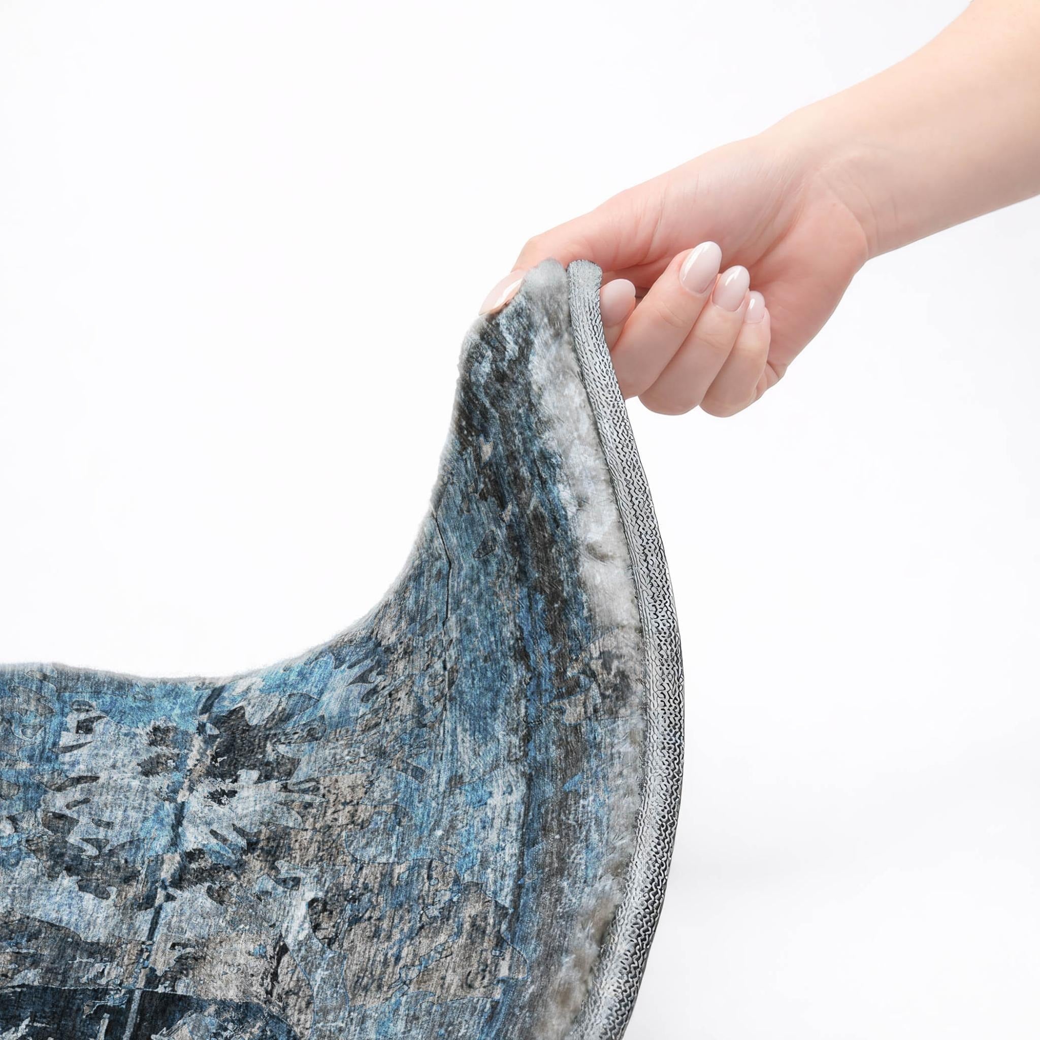 5' X 8' Denim Blue And Navy Blue Abstract Shag Washable Area Rug With UV Protection - Home & Garden