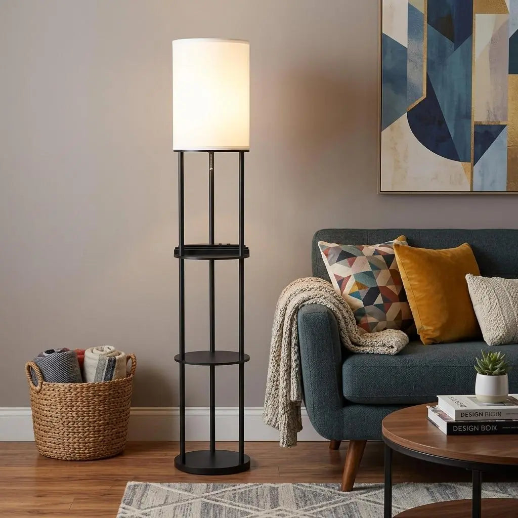67" Black Metal Column Floor Lamp With White Linen Shade Homeroots Lighting