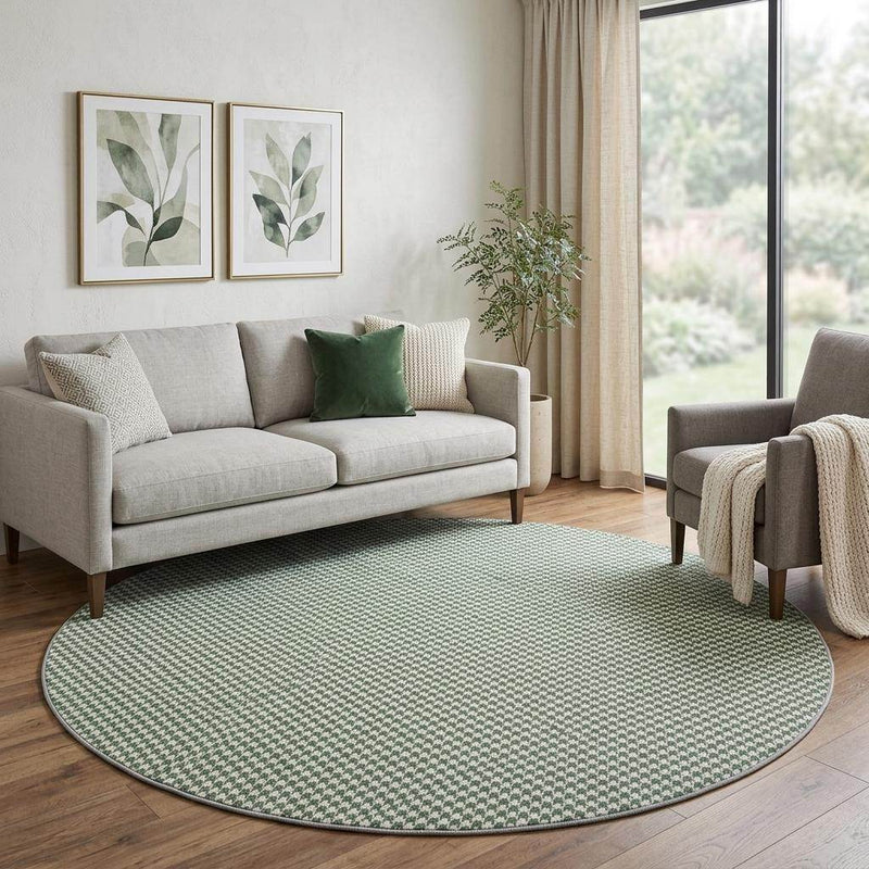 8' Green And White Houndstooth Shag Washable Round Rug With UV Protection - Home & Garden