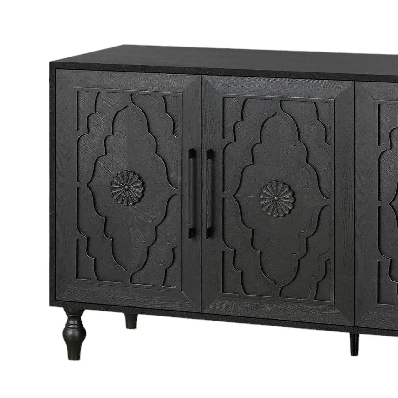 68" Black Distressed Carved Floral Sideboard with Four Doors Homeroots Kitchen & Dining