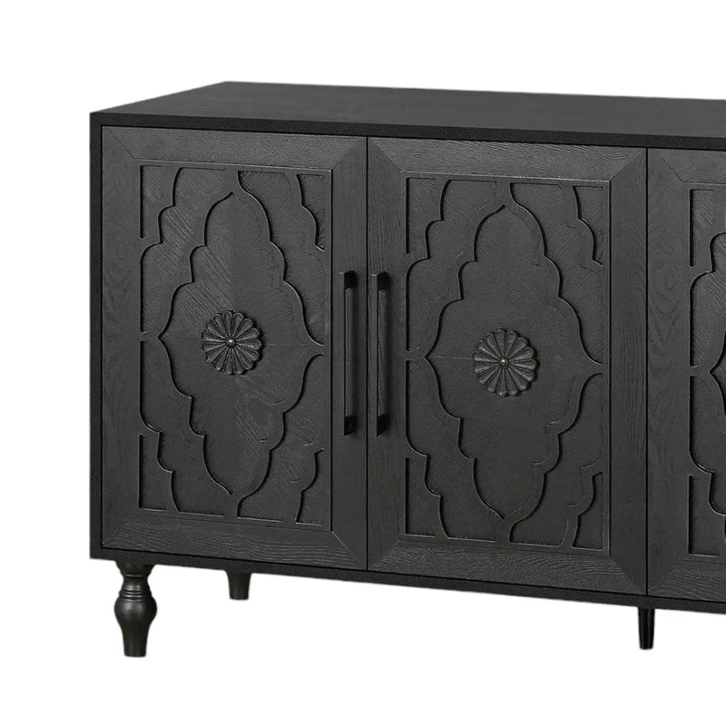68" Black Distressed Carved Floral Sideboard with Four Doors Homeroots Kitchen & Dining