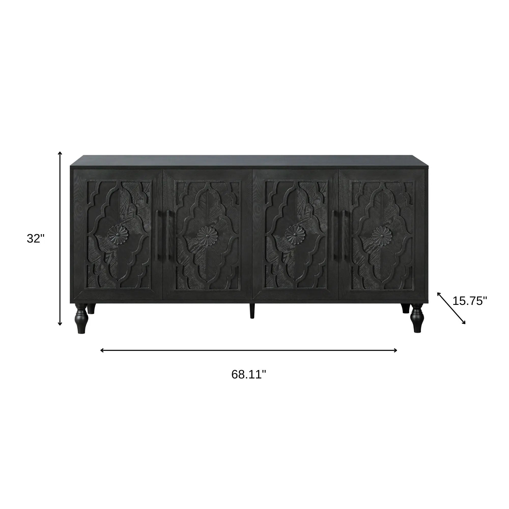 68" Black Distressed Carved Floral Sideboard with Four Doors Homeroots Kitchen & Dining