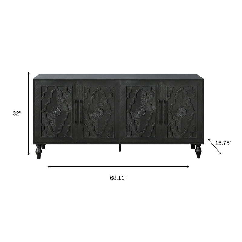 68" Black Distressed Carved Floral Sideboard with Four Doors Homeroots Kitchen & Dining