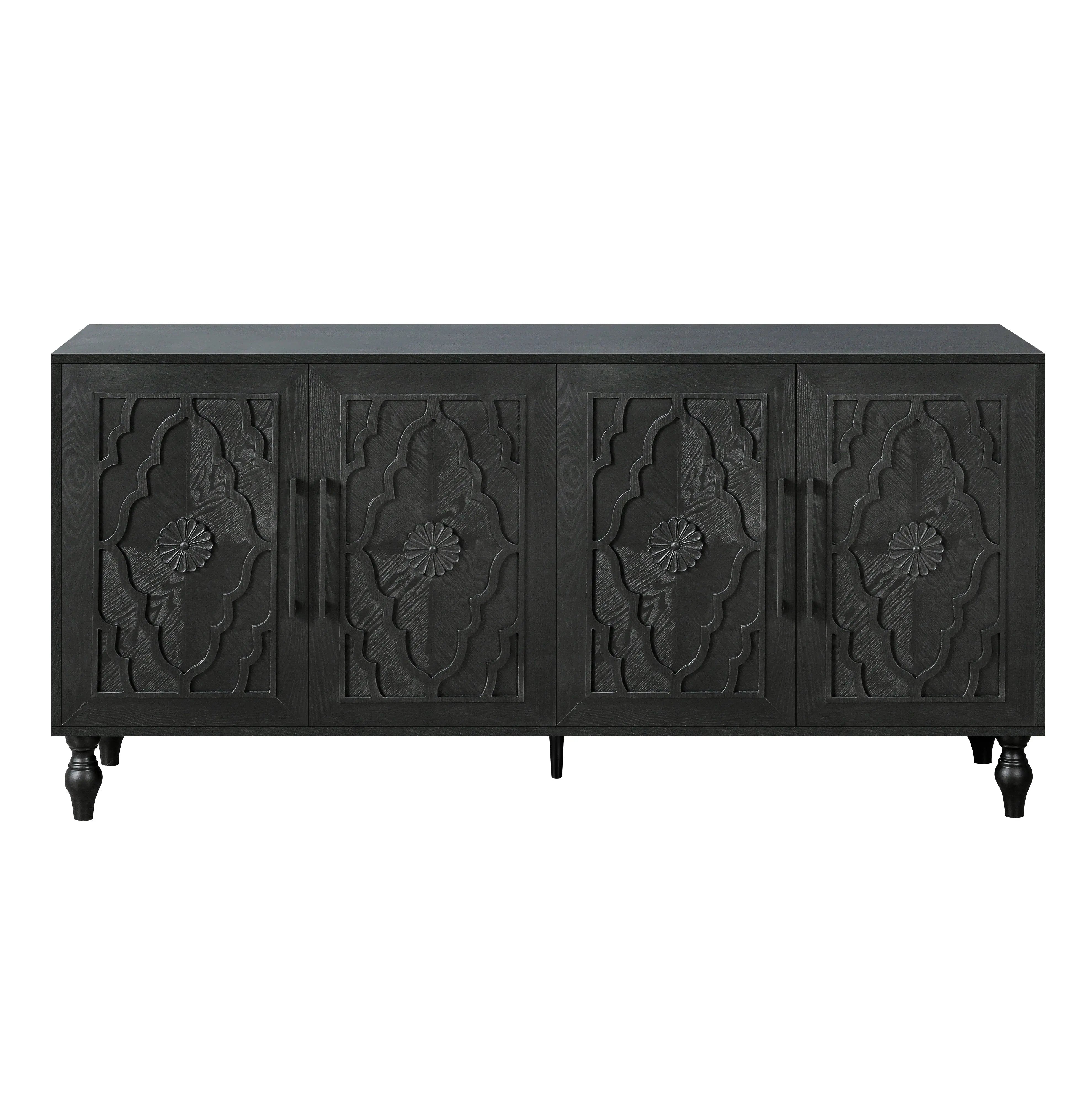 68" Black Distressed Carved Floral Sideboard with Four Doors Homeroots Kitchen & Dining
