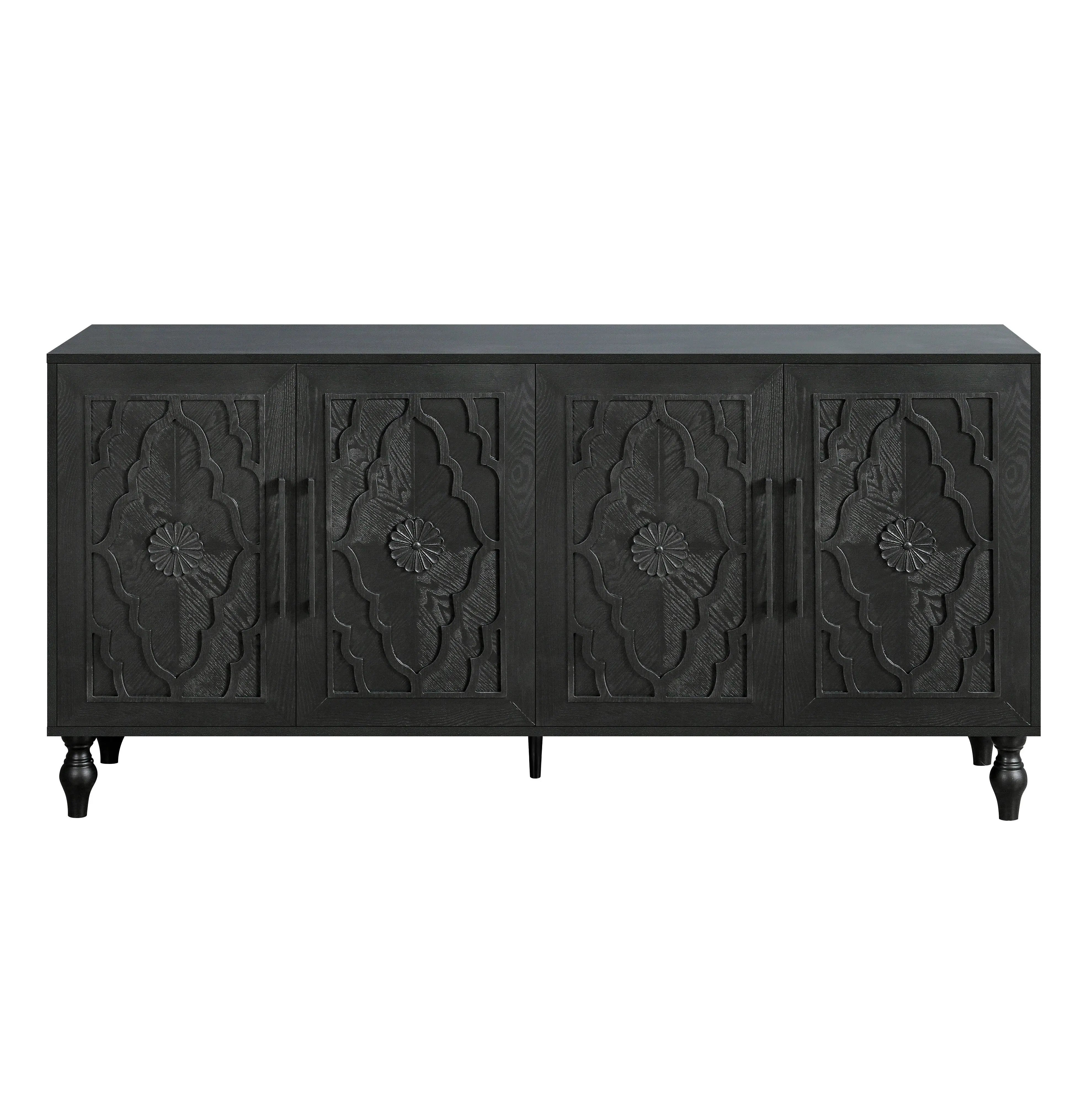 68" Black Distressed Carved Floral Sideboard with Four Doors Homeroots Kitchen & Dining