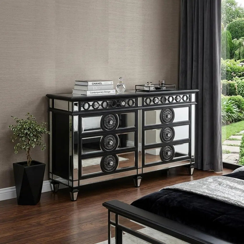 68" Black and Silver Solid and Manufactured Wood Mirrored Eight Drawer Double Dresser Homeroots Bed & Bath