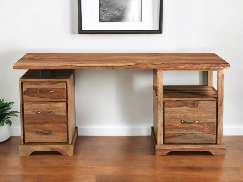68" Brown Live Edge Solid Wood Writing Desk With Four Drawers Homeroots Office