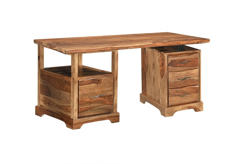 68" Brown Live Edge Solid Wood Writing Desk With Four Drawers Homeroots Office