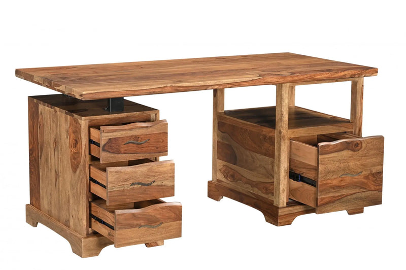 68" Brown Live Edge Solid Wood Writing Desk With Four Drawers Homeroots Office
