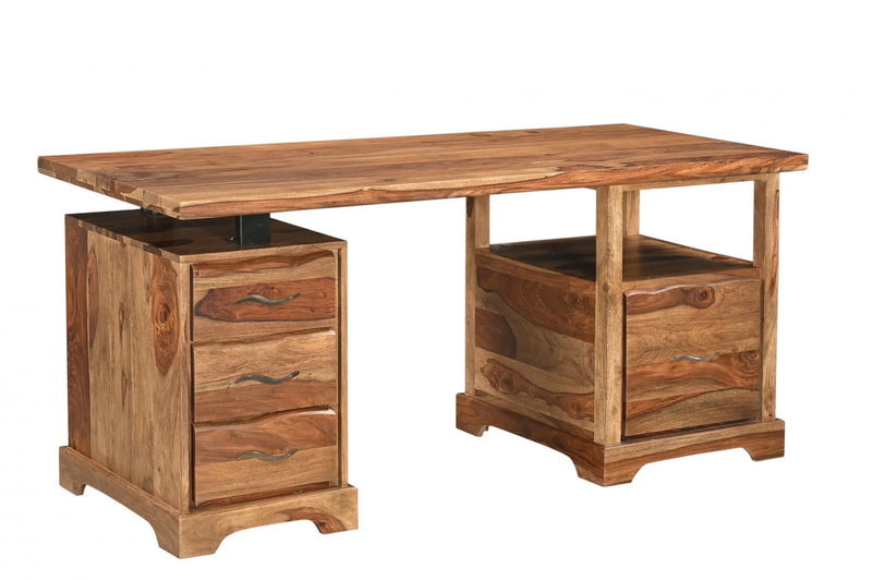 68" Brown Live Edge Solid Wood Writing Desk With Four Drawers Homeroots Office