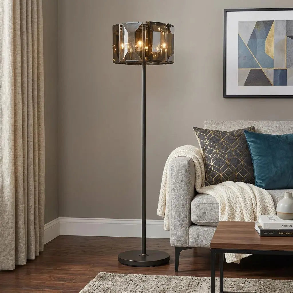 68" Dark Bronze Floor Lamp With Amber Solid Color Beveled Glass Drum Shade Homeroots Lighting
