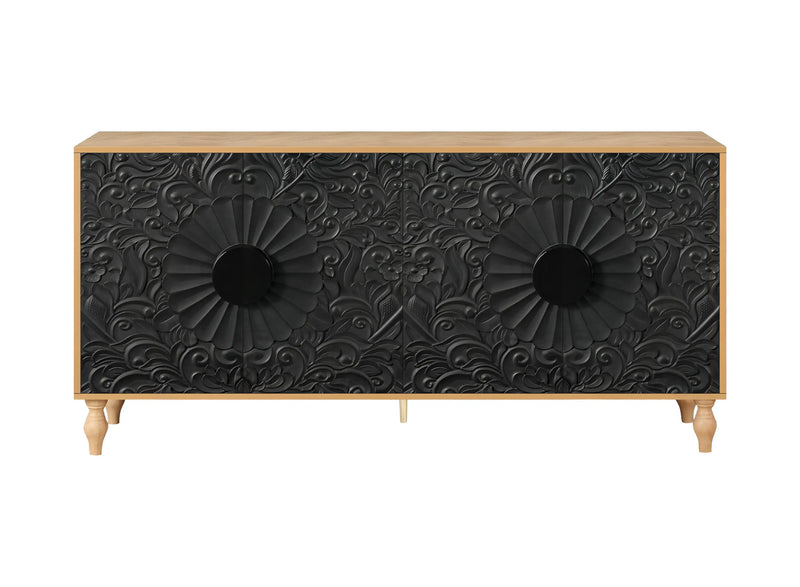 68" Natural and Black Distressed Carved Floral Sideboard with Four Doors Homeroots Kitchen & Dining