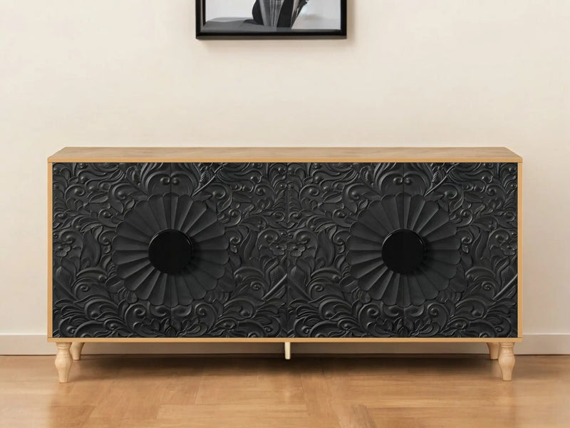 68" Natural and Black Distressed Carved Floral Sideboard with Four Doors Homeroots Kitchen & Dining