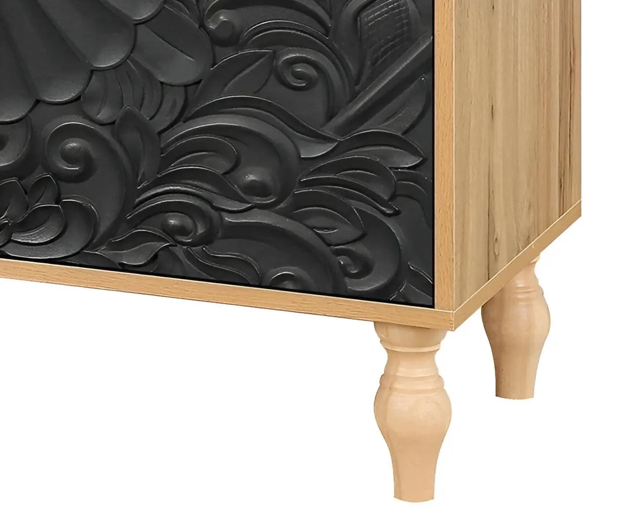 68" Natural and Black Distressed Carved Floral Sideboard with Four Doors Homeroots Kitchen & Dining