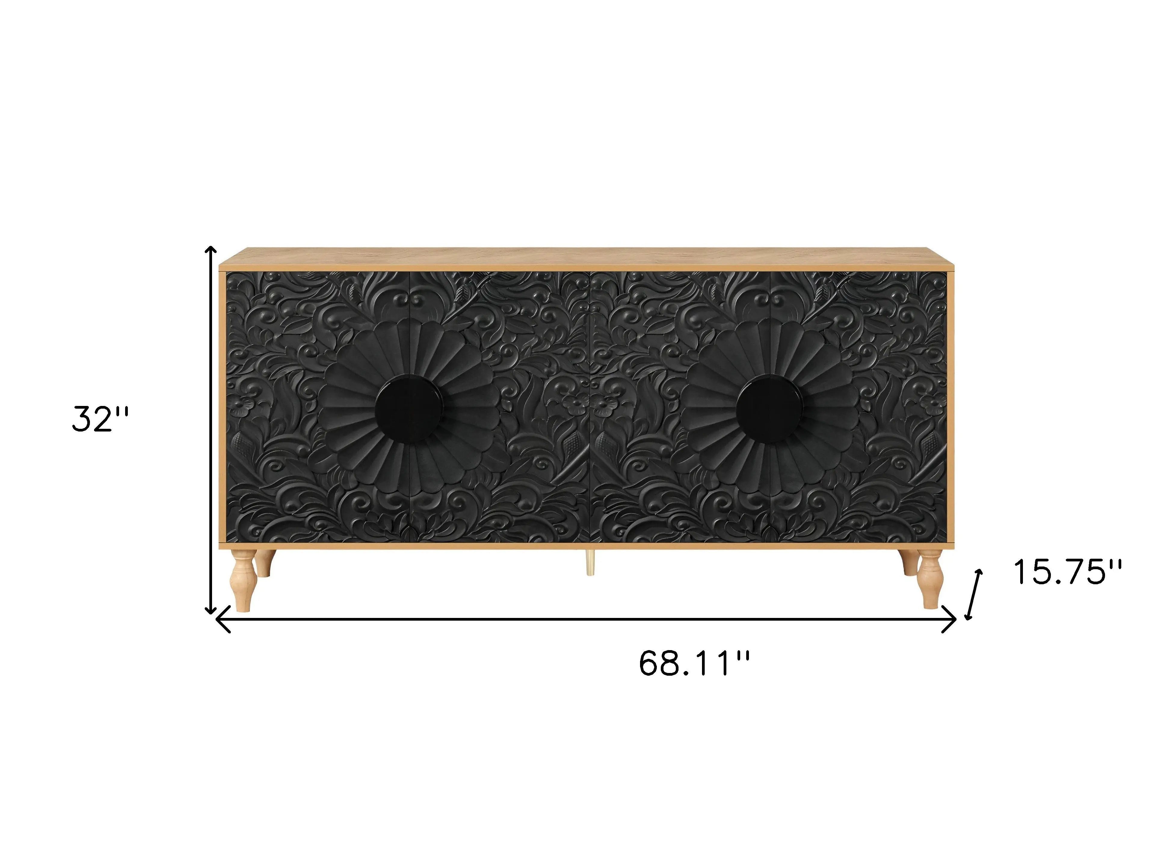 68" Natural and Black Distressed Carved Floral Sideboard with Four Doors Homeroots Kitchen & Dining
