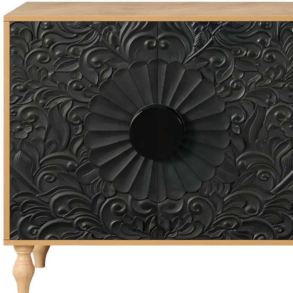 68" Natural and Black Distressed Carved Floral Sideboard with Four Doors Homeroots Kitchen & Dining