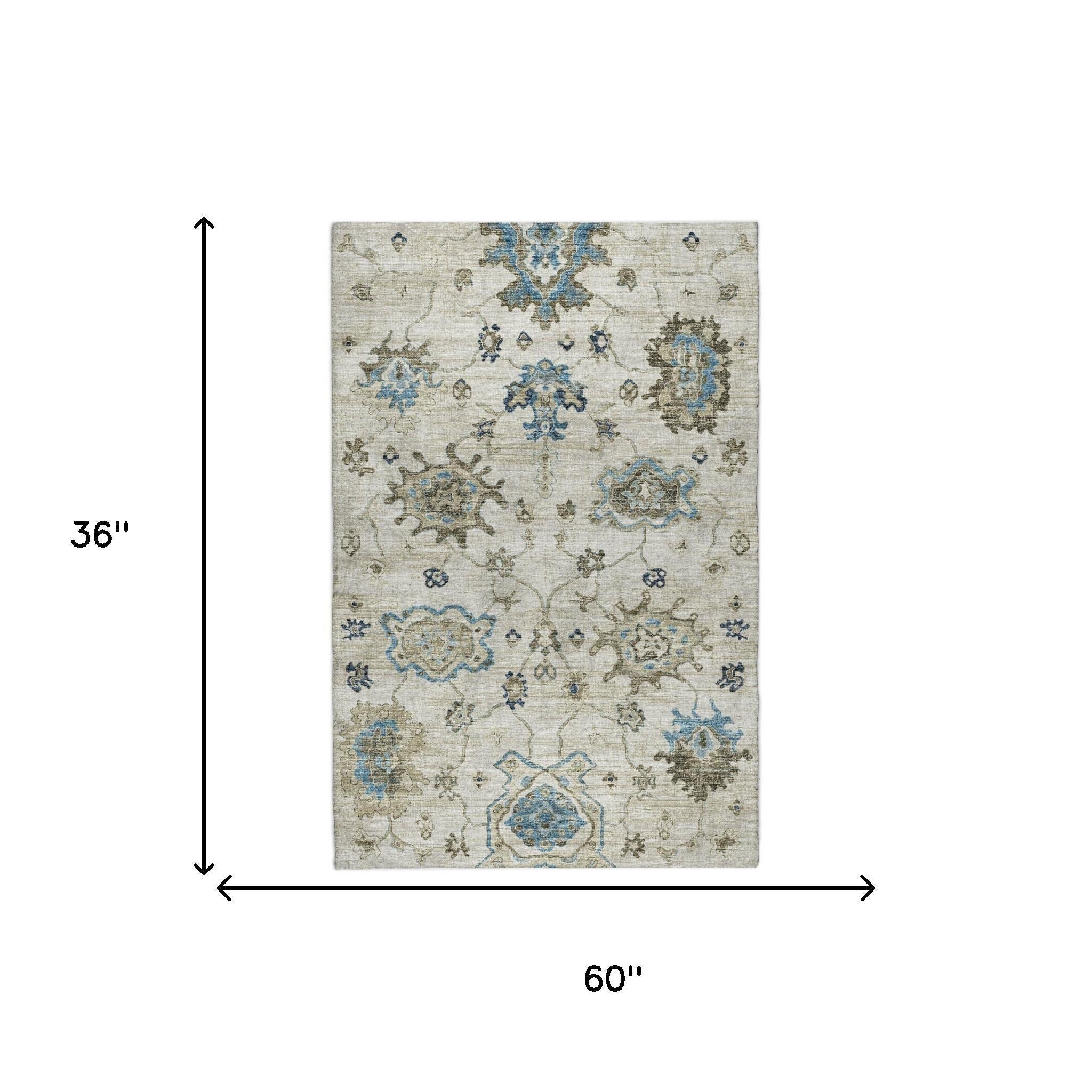 3' X 5' Blue And Charcoal Oriental Shag Washable Area Rug With UV Protection - Home & Garden