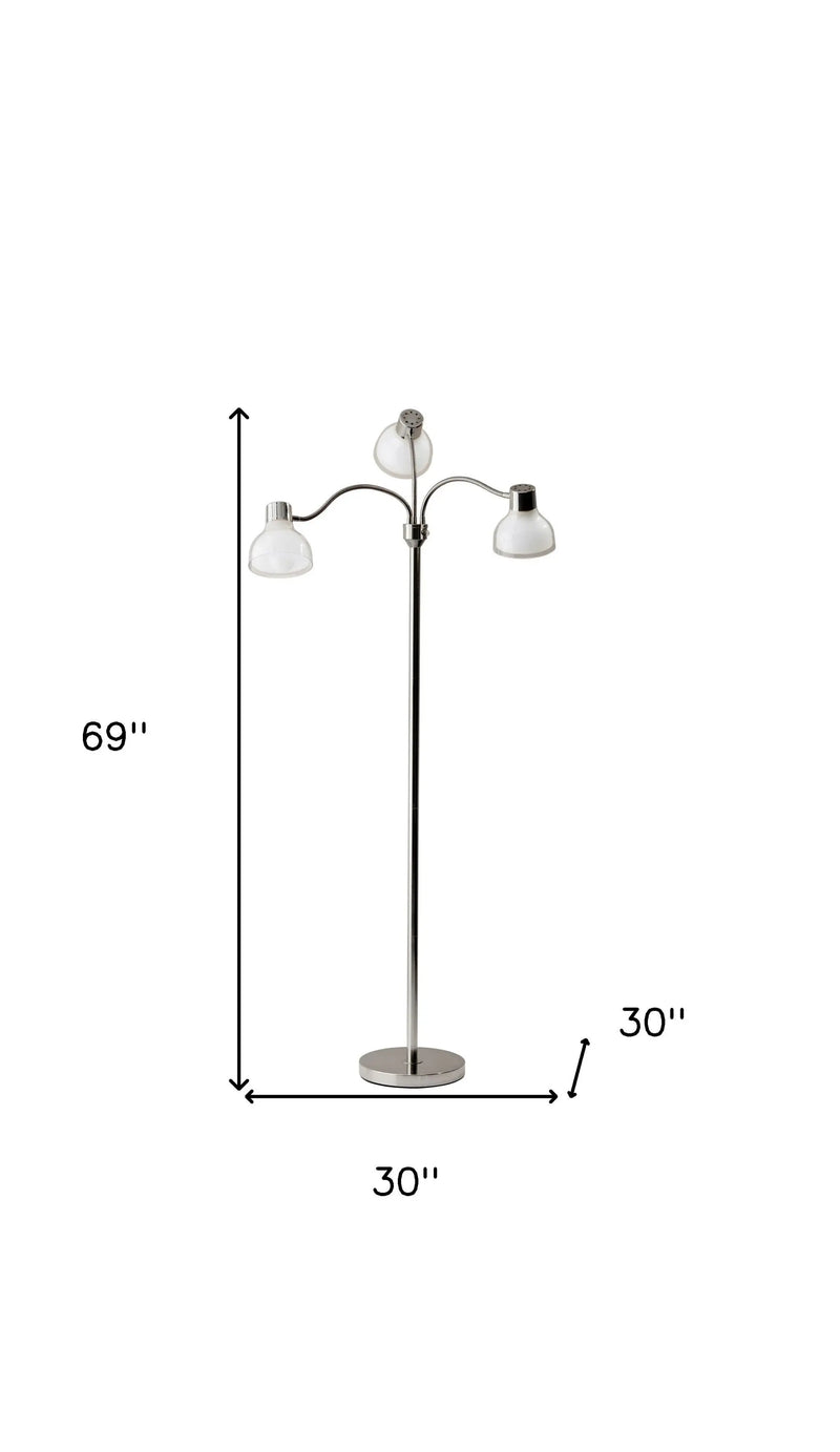 69" Silver Three Light Tree Floor Lamp With White Plastic Bowl Shade - GreatEagleInc