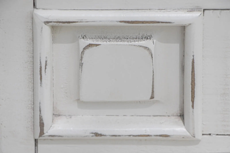 White distressed wood frame with a square inset, ideal for rustic home decor.