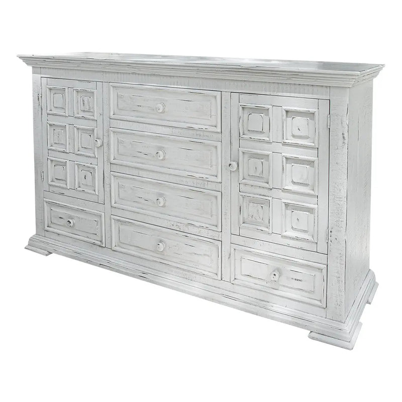 White distressed wood sideboard with six drawers and two cabinet doors, featuring a vintage decorative style.