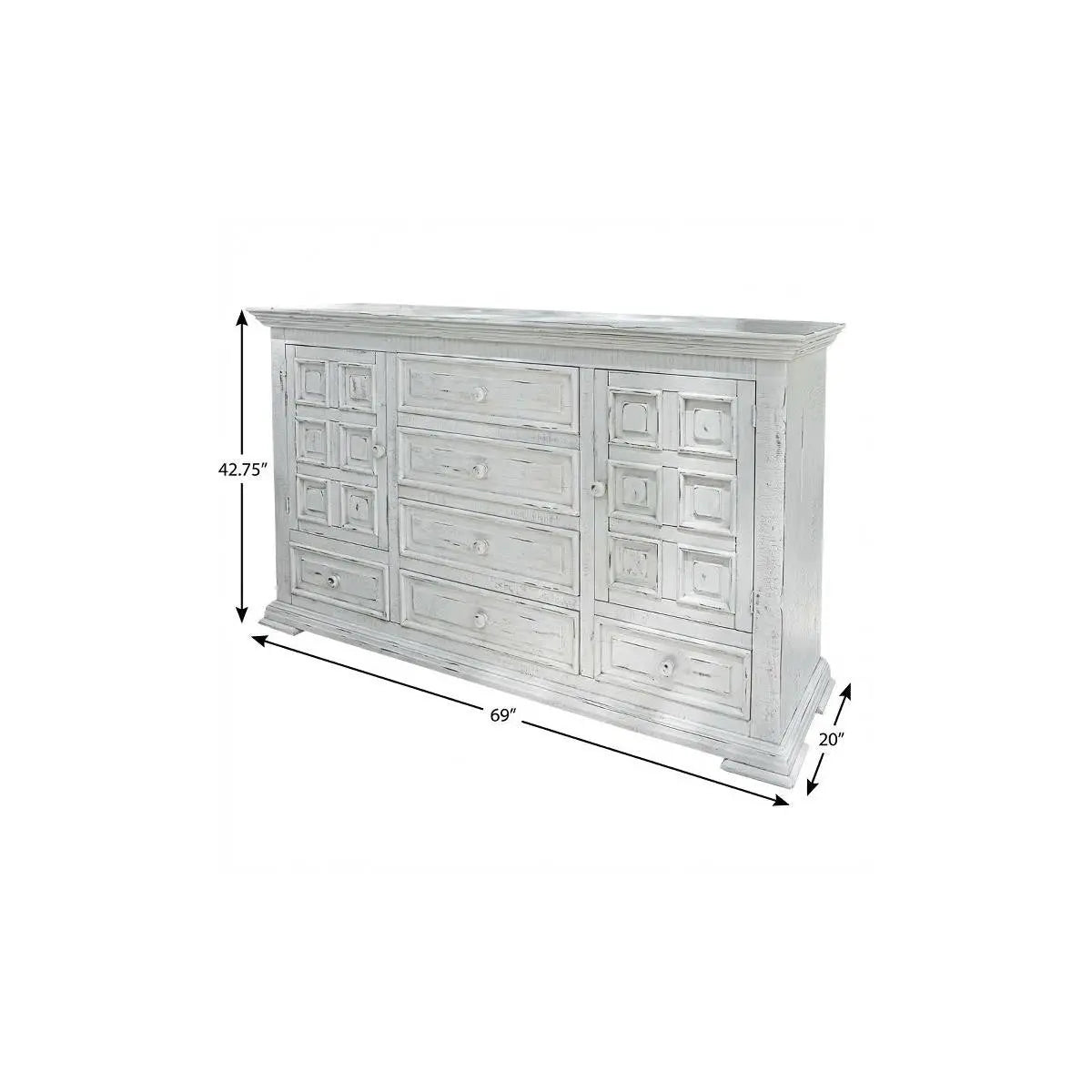 Whitewashed wooden dresser with multiple drawers in a rustic style, measuring 69" wide by 42.75" tall.