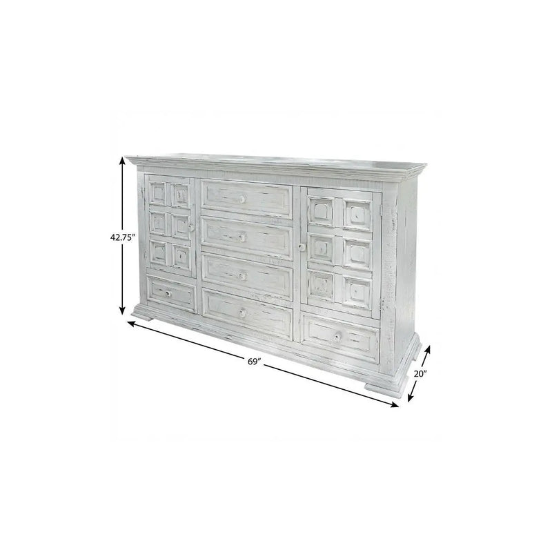 Whitewashed wooden dresser with multiple drawers in a rustic style, measuring 69" wide by 42.75" tall.