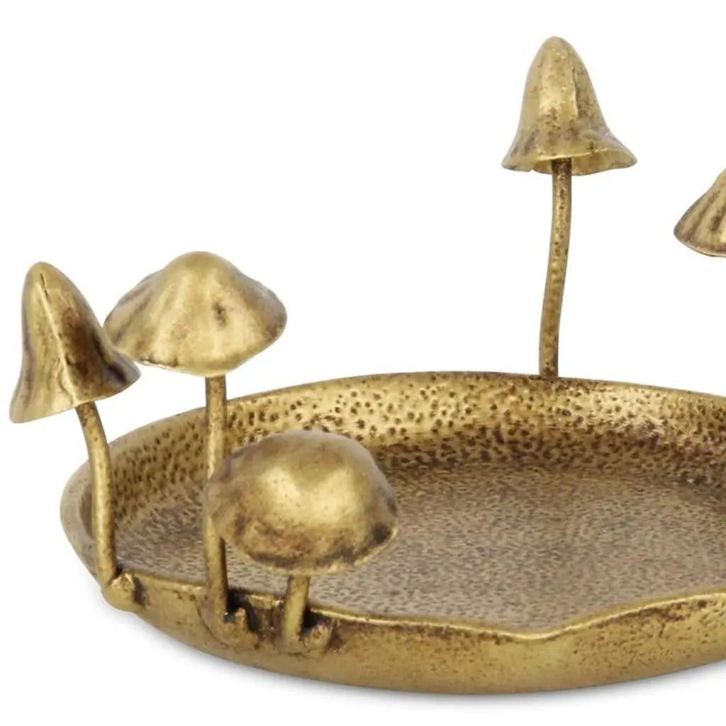 6" Antiqued Gold Cast Iron Mushrooms Trinket Tray - GreatEagleInc