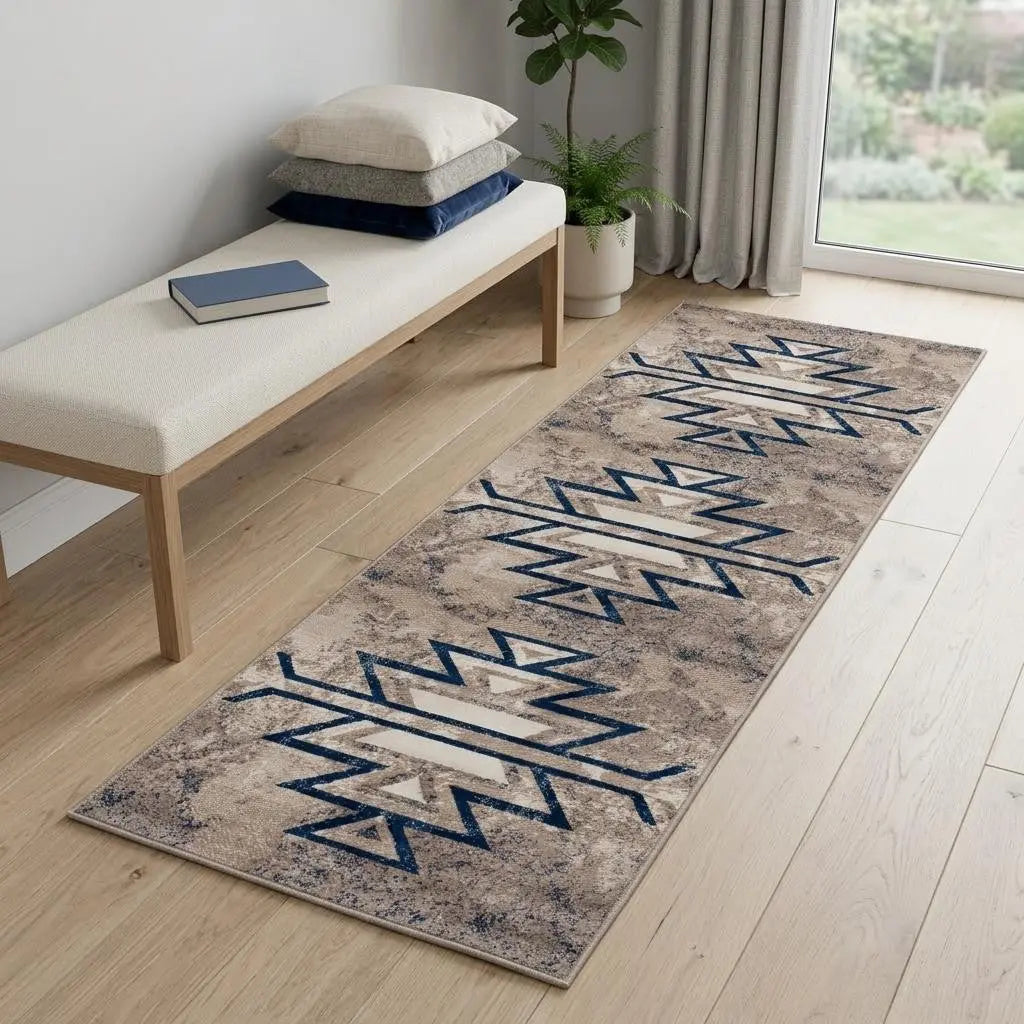 6' Blue And Beige Abstract Runner Rug Homeroots Home Decor