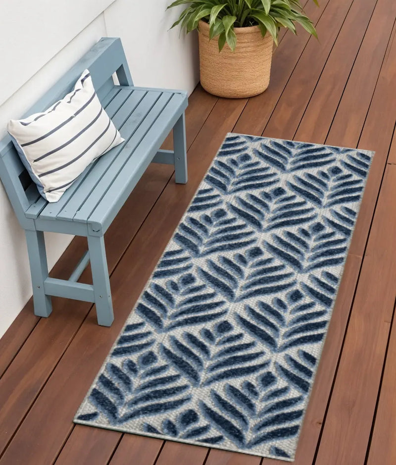 6' Blue And Gray Botanical Leaves Indoor Outdoor Runner Rug Homeroots Outdoor