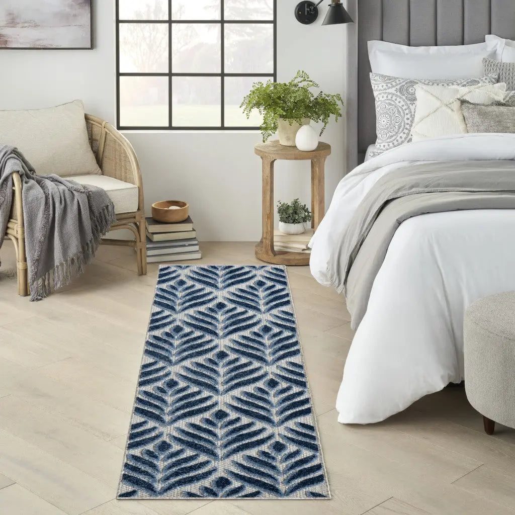 6' Blue And Gray Botanical Leaves Indoor Outdoor Runner Rug Homeroots Outdoor