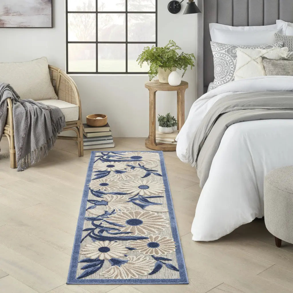6' Blue And Gray Floral Indoor Outdoor Runner Rug Homeroots Outdoor