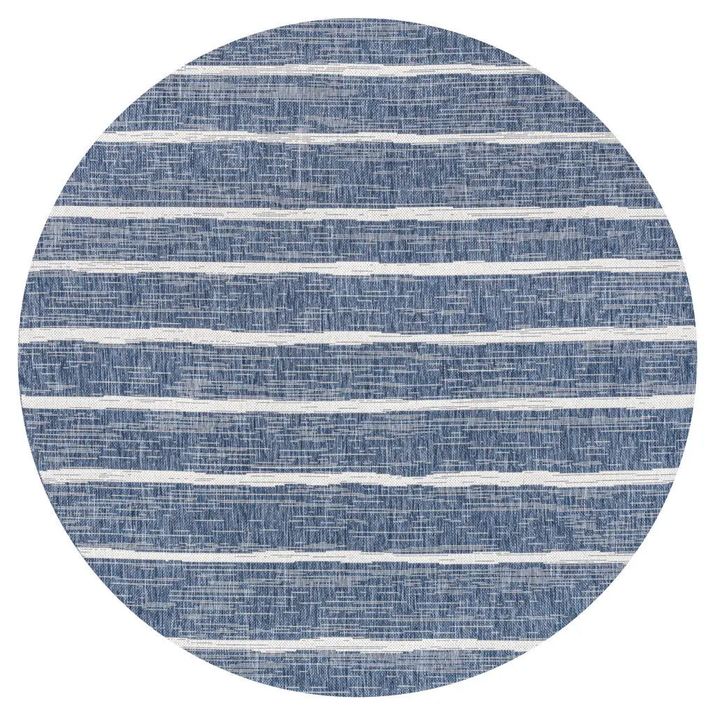 6' Blue And Ivory Round Striped Indoor Outdoor Area Rug Homeroots Outdoor