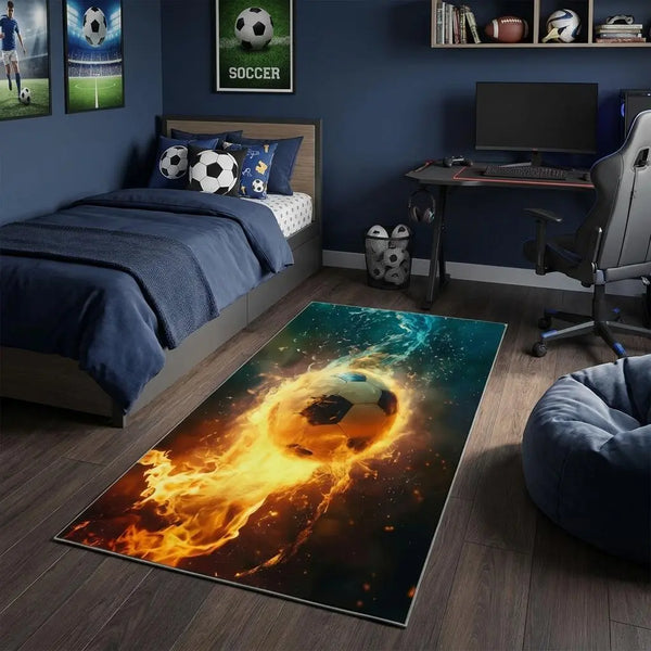 6' Blue Red And Black Soccer Flaming Soccer Washable Area Rug Homeroots Home Decor