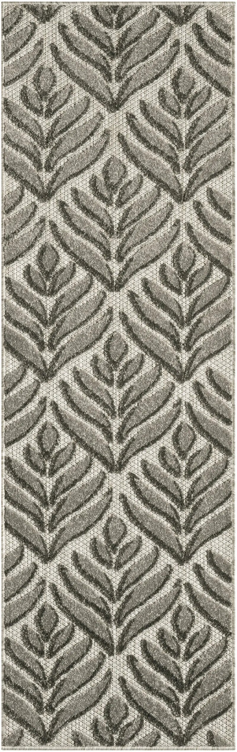 6' Charcoal And Beige Botanical Leaves Indoor Outdoor Runner Rug Homeroots Outdoor