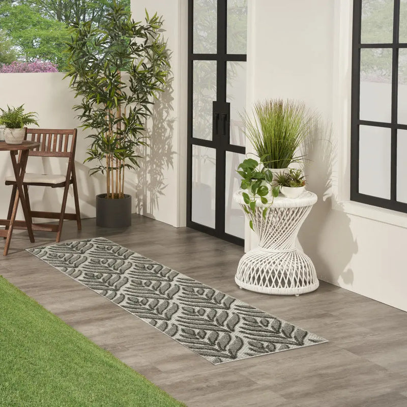 6' Charcoal And Beige Botanical Leaves Indoor Outdoor Runner Rug Homeroots Outdoor