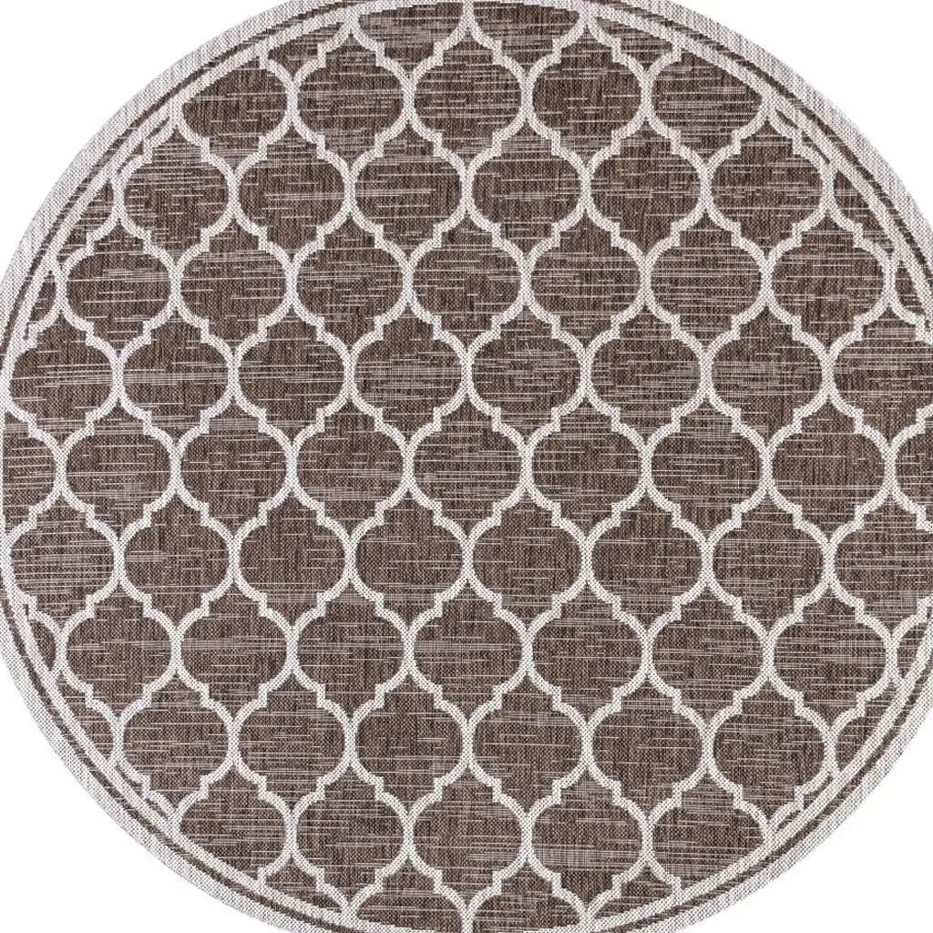 6' Espresso And Taupe Round Geometric Indoor Outdoor Area Rug - GreatEagleInc