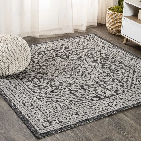 6' Gray And Black Square Medallion Indoor Outdoor Area Rug - GreatEagleInc