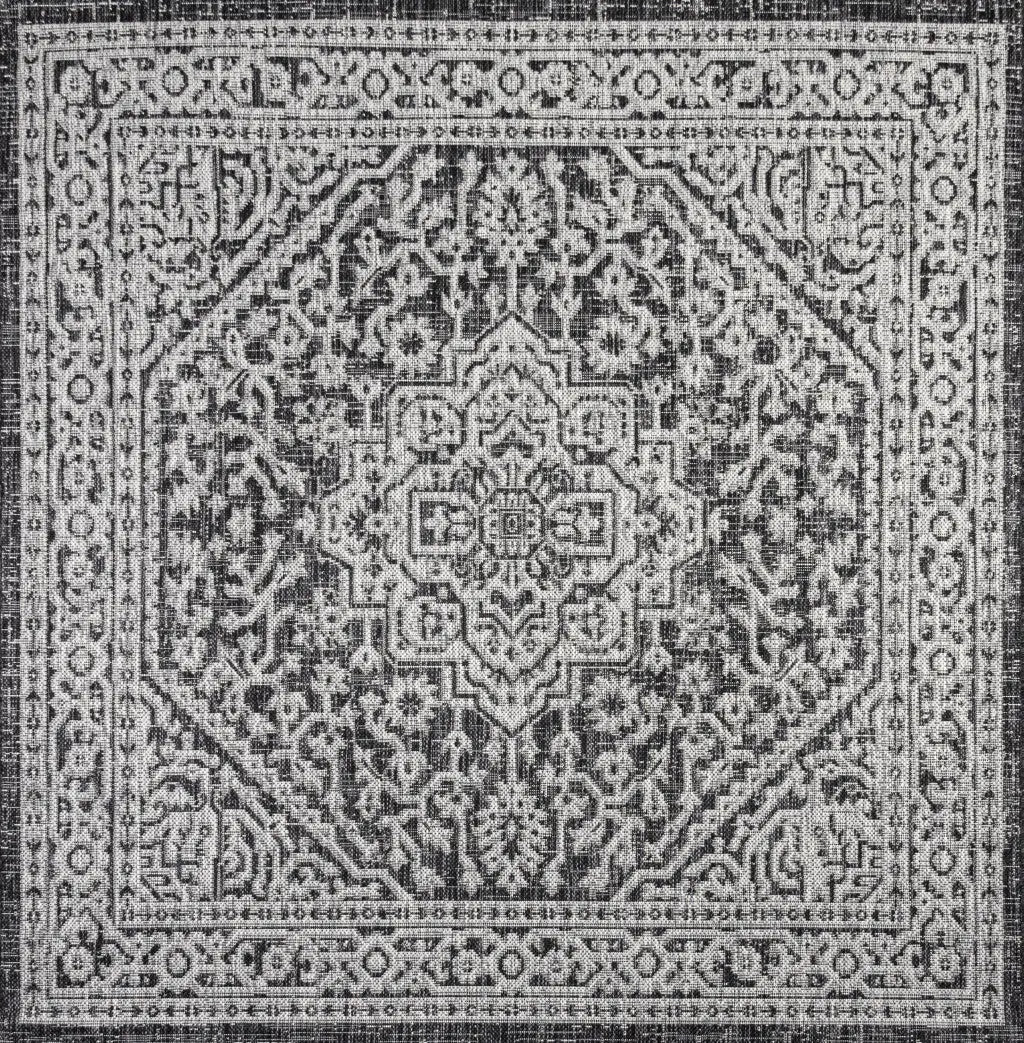 6' Gray And Black Square Medallion Indoor Outdoor Area Rug Homeroots Outdoor
