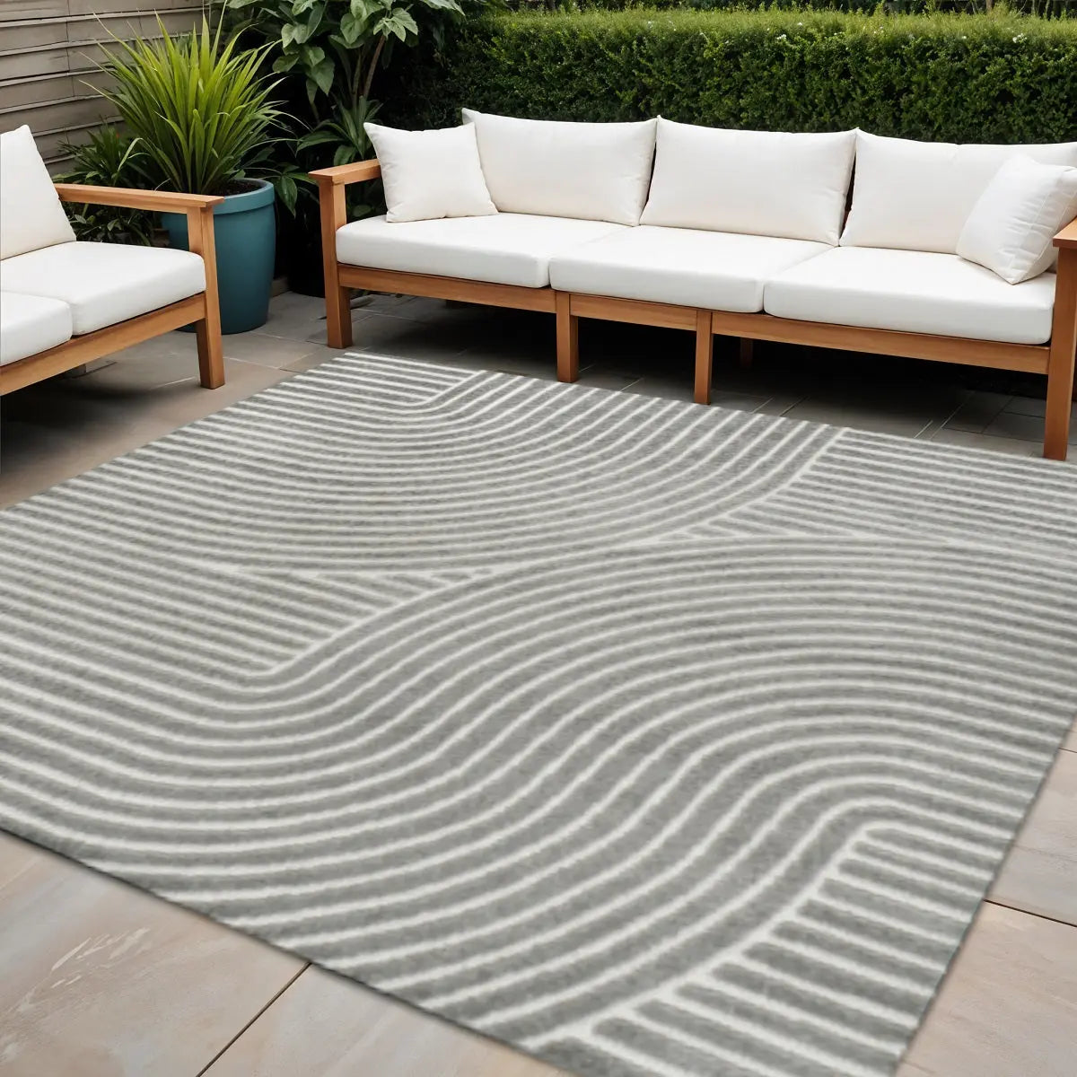 6' Gray And Ivory Square Striped Indoor Outdoor Area Rug Homeroots Outdoor