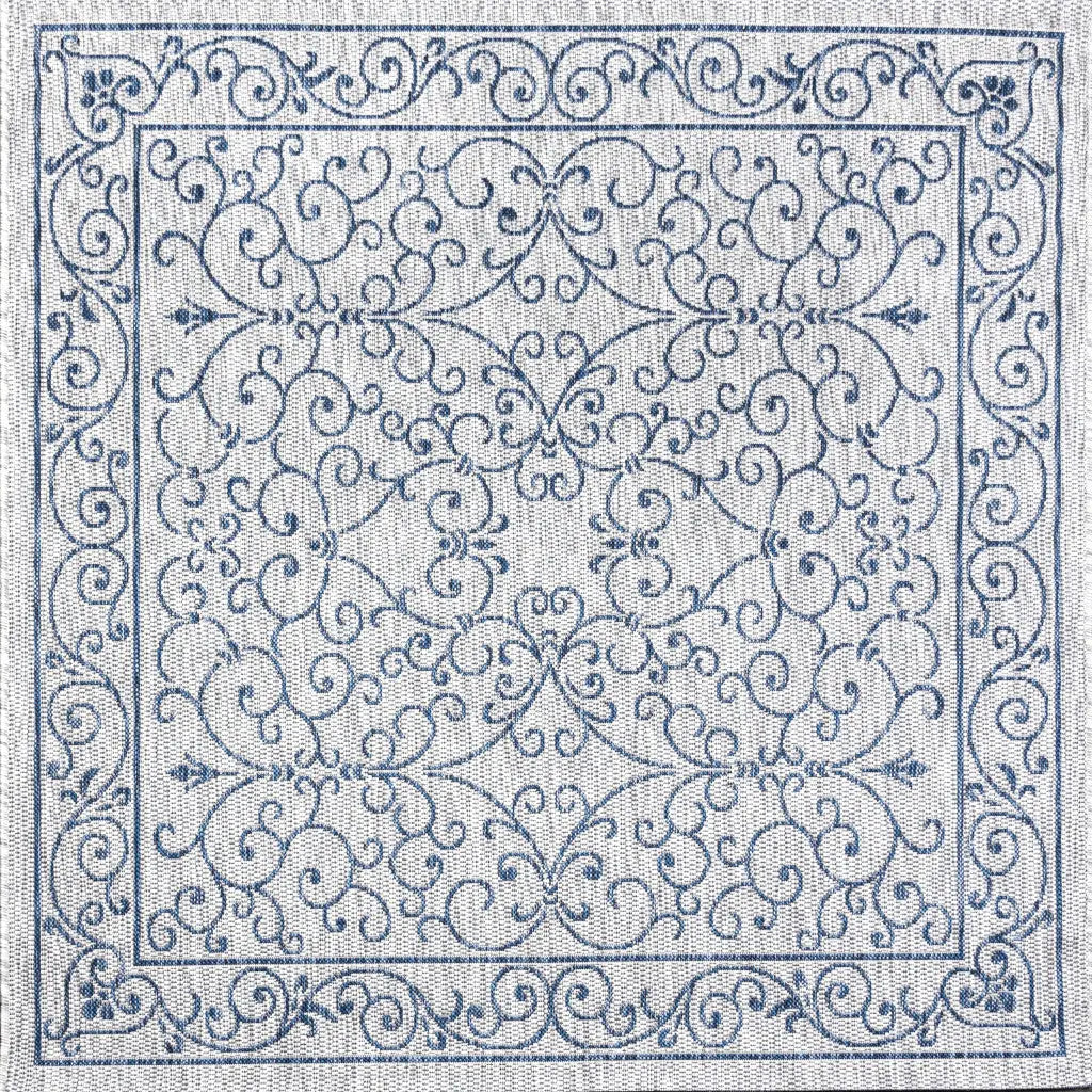 6' Gray And Navy Blue Square Medallion Indoor Outdoor Area Rug Homeroots Outdoor