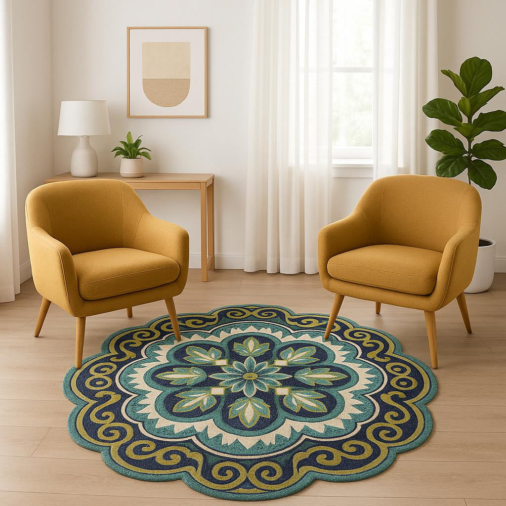 6' Green And Ivory Wool Geometric Hand Tufted Round Rug Homeroots Home Decor