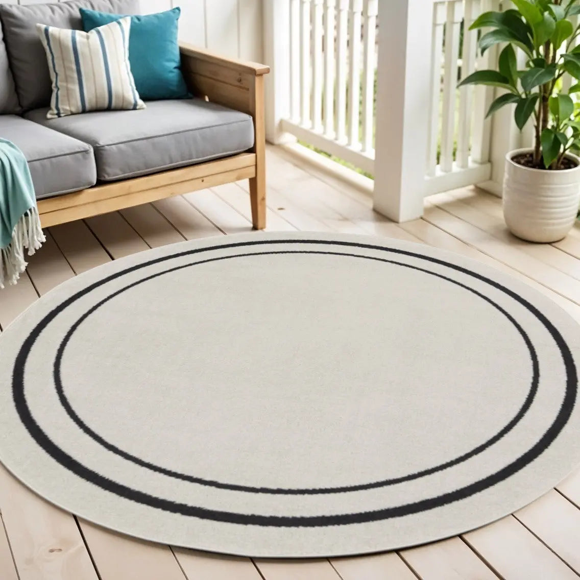 6' Ivory And Black Round Indoor Outdoor Area Rug Homeroots Outdoor