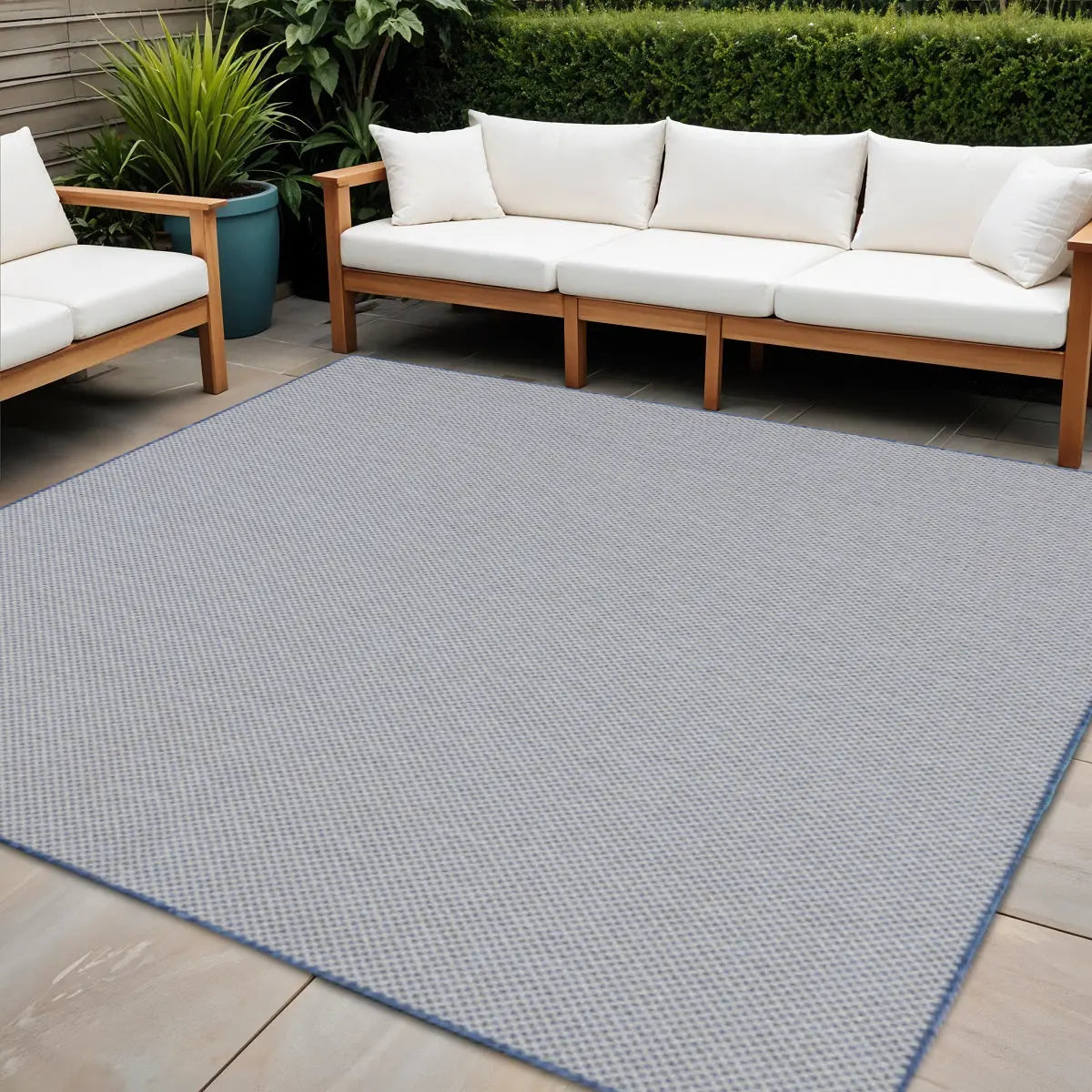 6' Ivory And Blue Square Geometric Indoor Outdoor Area Rug Homeroots Outdoor