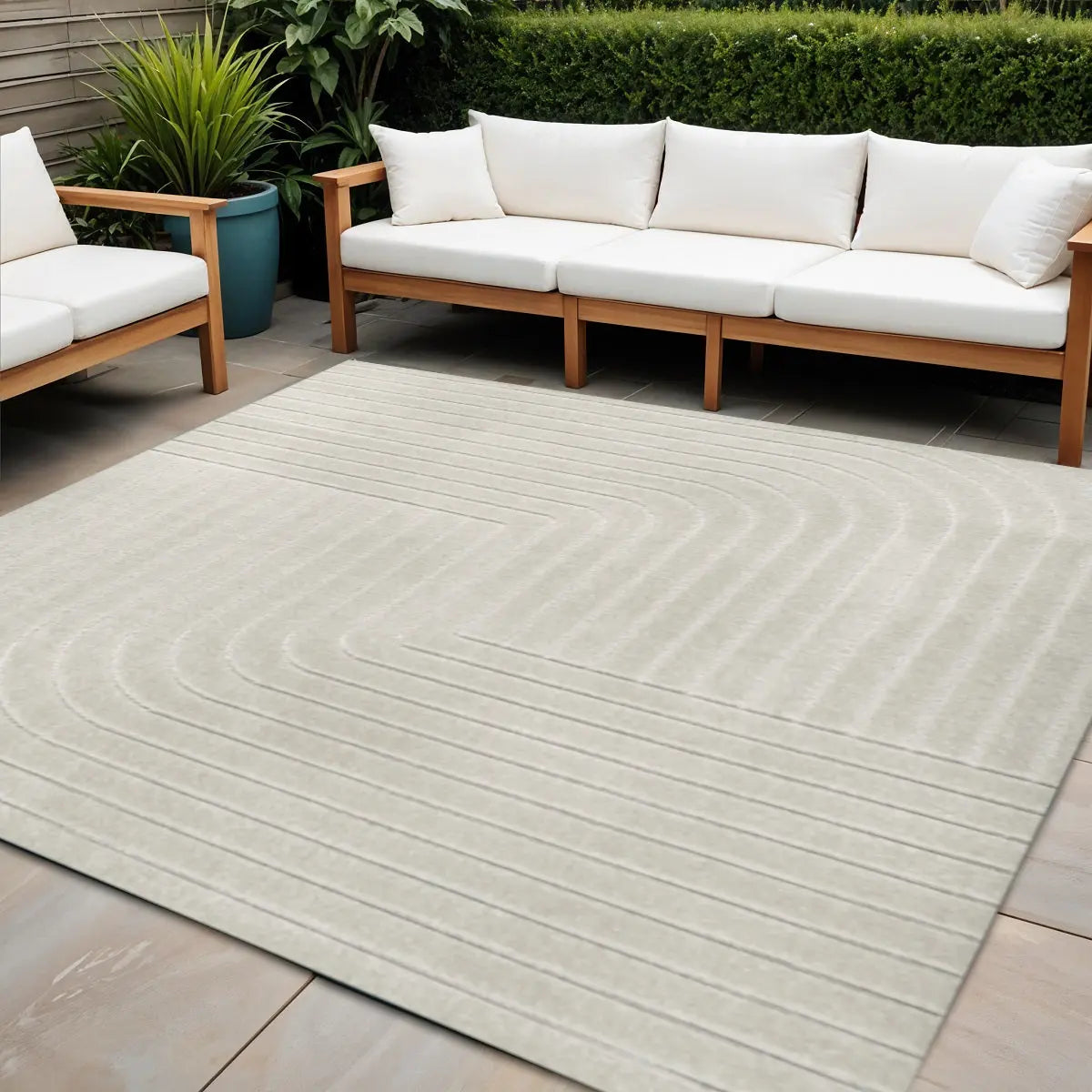 6' Ivory And Cream Square Striped Indoor Outdoor Area Rug Homeroots Outdoor