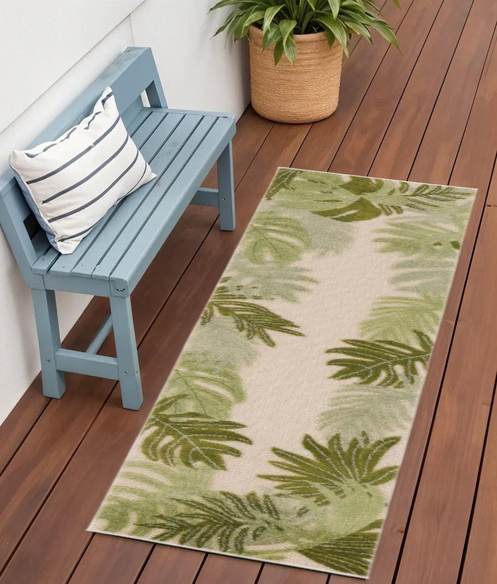 6' Ivory And Green Palm Leaf Indoor Outdoor Runner Rug Homeroots Outdoor