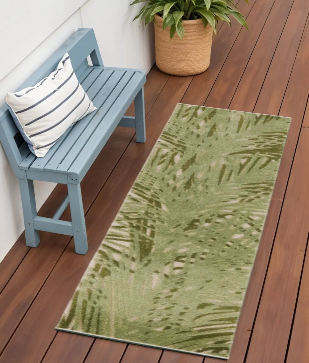 6' Ivory And Green Palm Leaf Indoor Outdoor Runner Rug Homeroots Outdoor