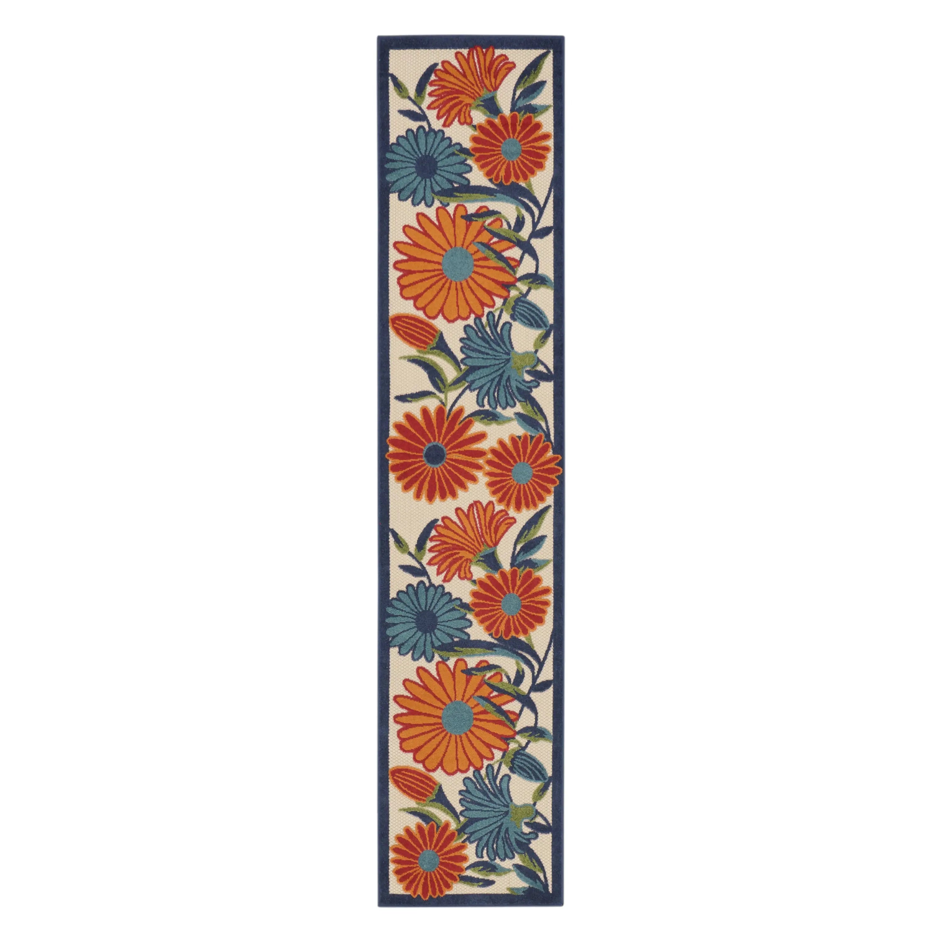 6' Ivory Blue And Orange Floral Indoor Outdoor Runner Rug Homeroots Outdoor