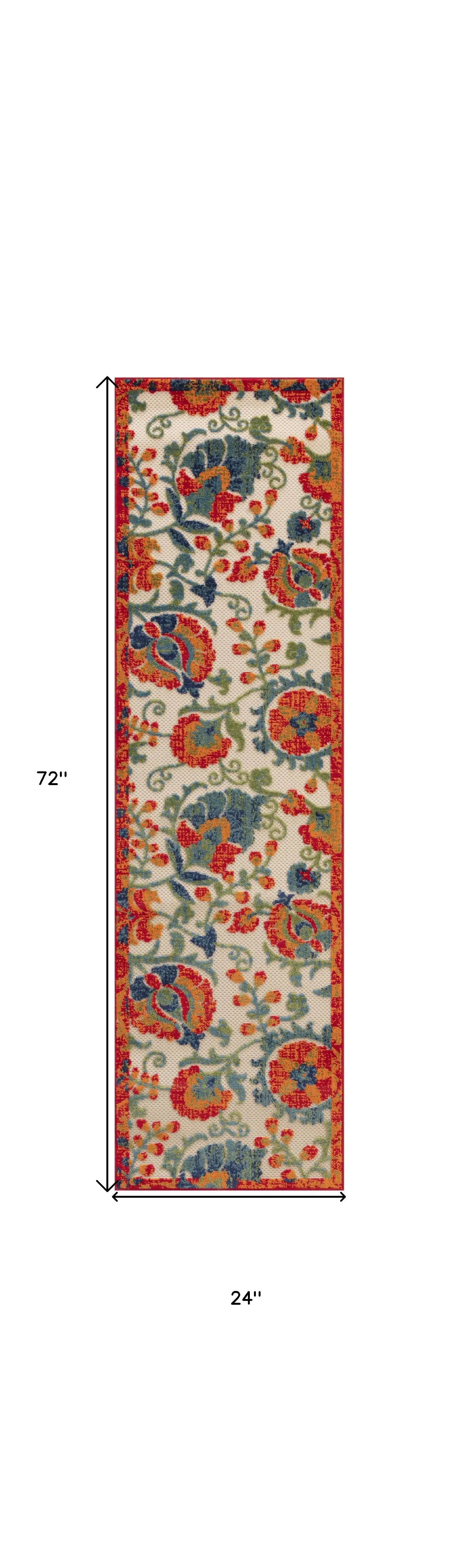 6' Ivory Blue And Orange Floral Indoor Outdoor Runner Rug Homeroots Outdoor