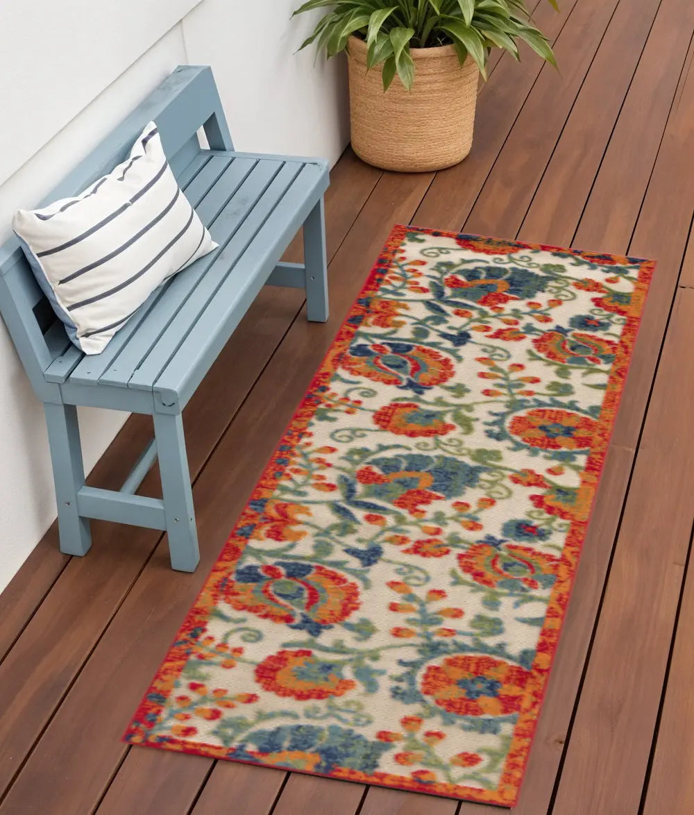 6' Ivory Blue And Orange Floral Indoor Outdoor Runner Rug Homeroots Outdoor